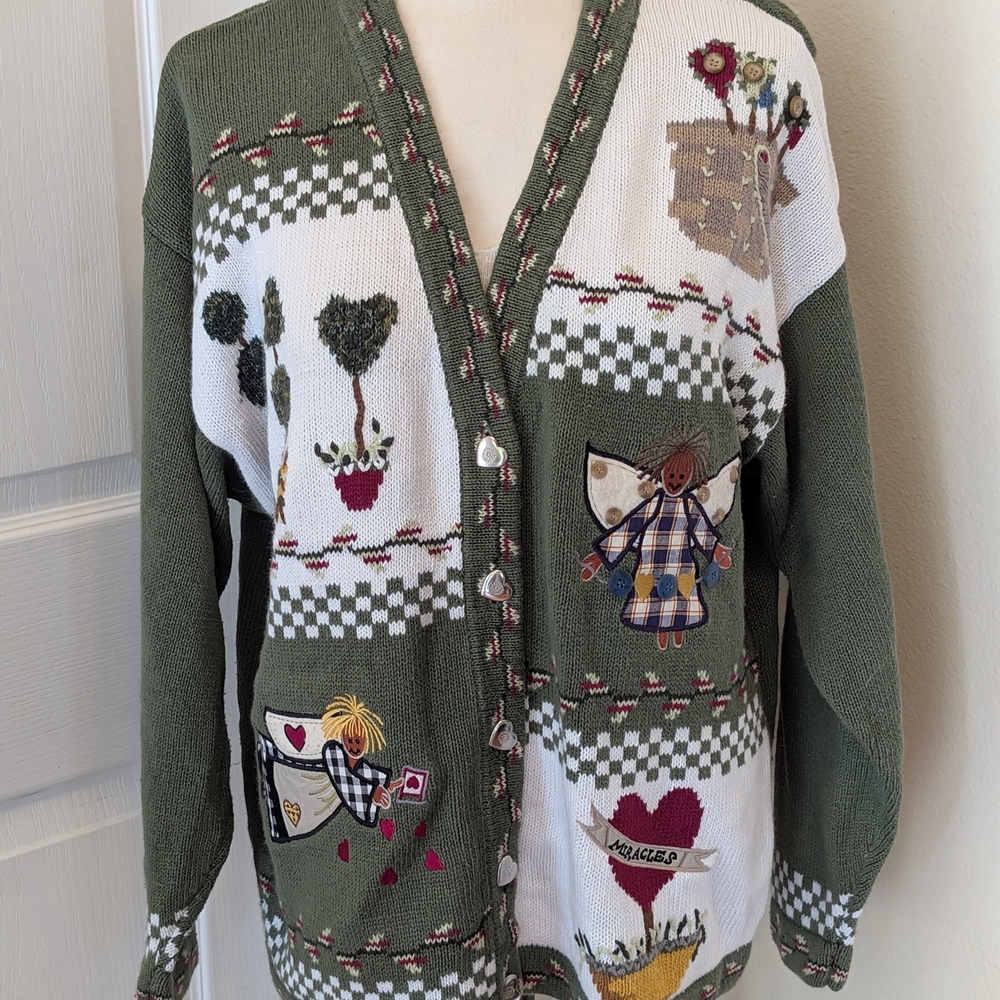 Quacker Factory Green and White Cardigan with Whimsical Designs - Picture 1 of 10